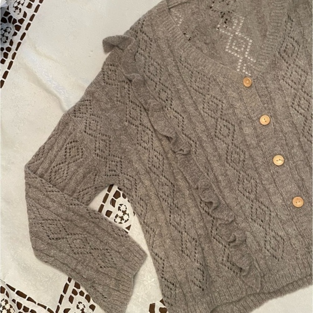 Greyish Taupe Knit Sweater With Ruffles & Wood Buttons - Picture 8 of 11